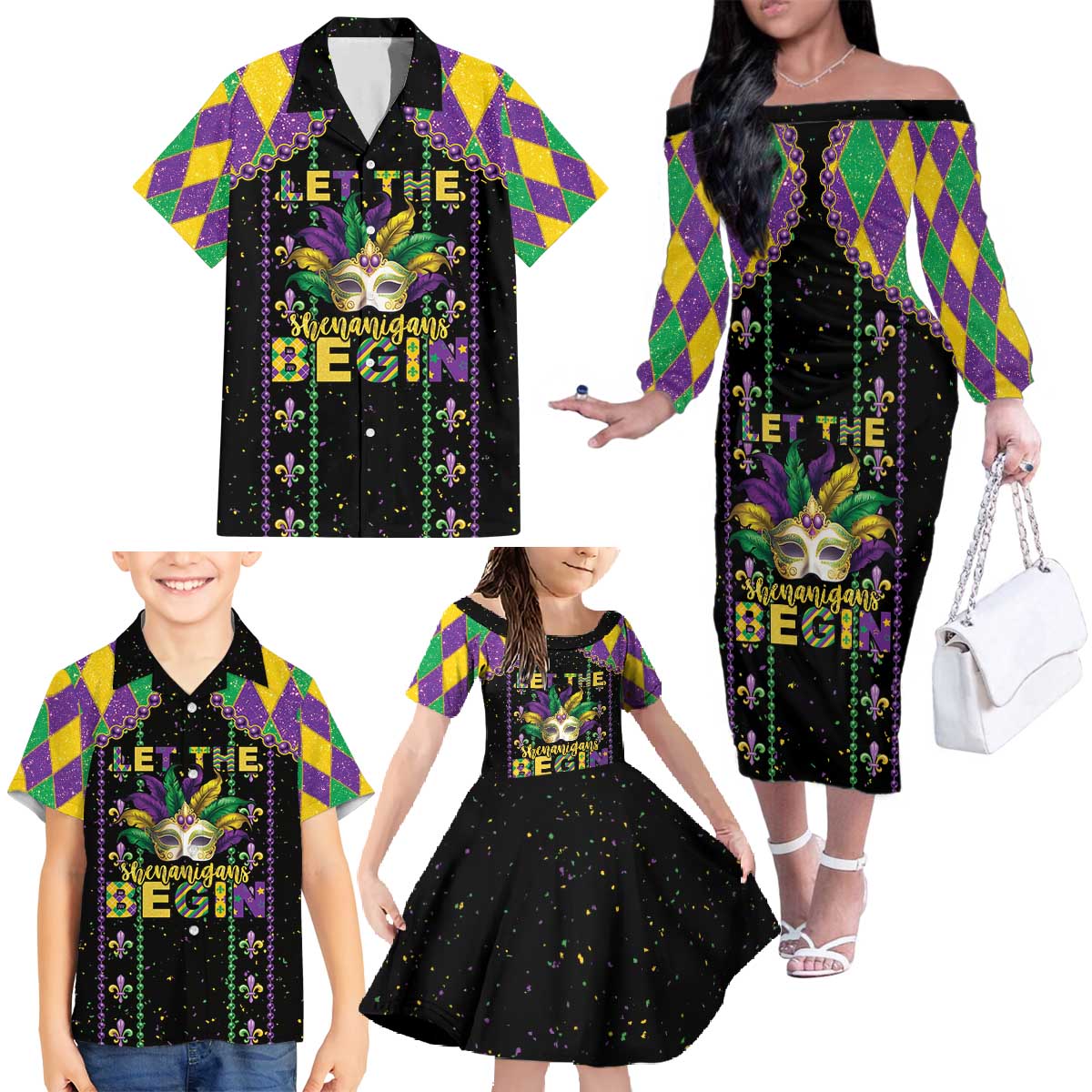 Funny Mardi Gras Family Matching Off The Shoulder Long Sleeve Dress and Hawaiian Shirt Let The Shenanigans Begin