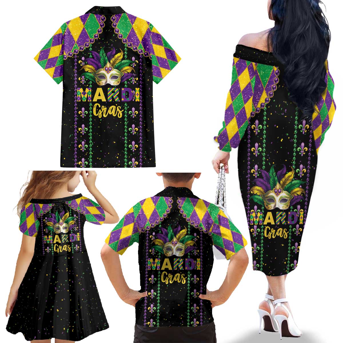 Funny Mardi Gras Family Matching Off The Shoulder Long Sleeve Dress and Hawaiian Shirt Let The Shenanigans Begin