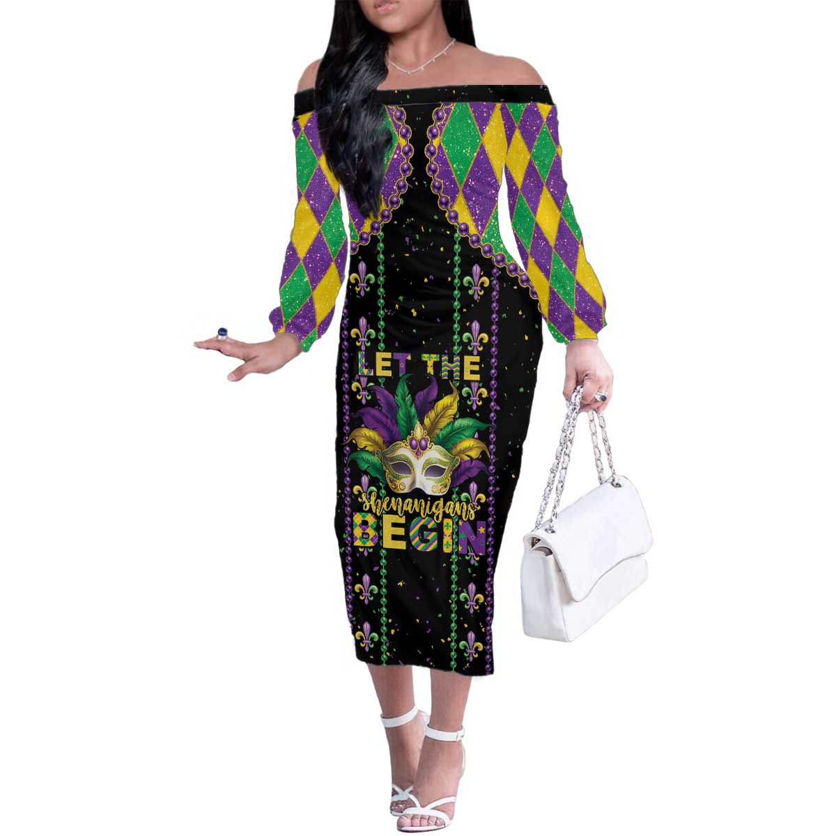 Funny Mardi Gras Family Matching Off The Shoulder Long Sleeve Dress and Hawaiian Shirt Let The Shenanigans Begin