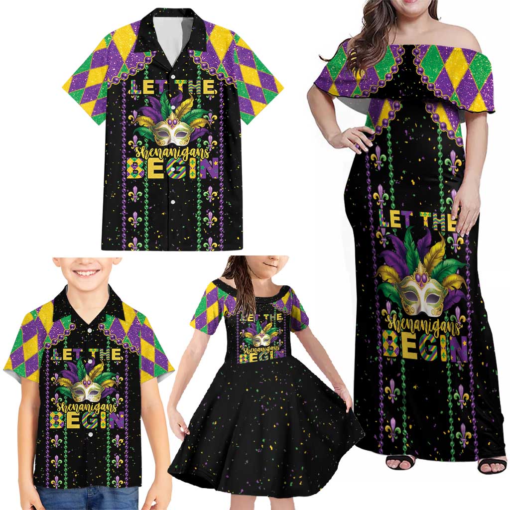 Funny Mardi Gras Family Matching Off Shoulder Maxi Dress and Hawaiian Shirt Let The Shenanigans Begin
