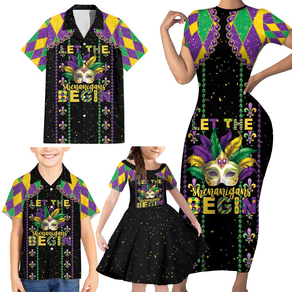 Funny Mardi Gras Family Matching Short Sleeve Bodycon Dress and Hawaiian Shirt Let The Shenanigans Begin
