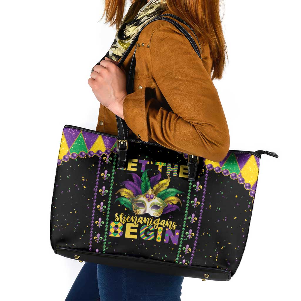 Funny Mardi Gras Leather Tote Bag Let The Shenanigans Begin
