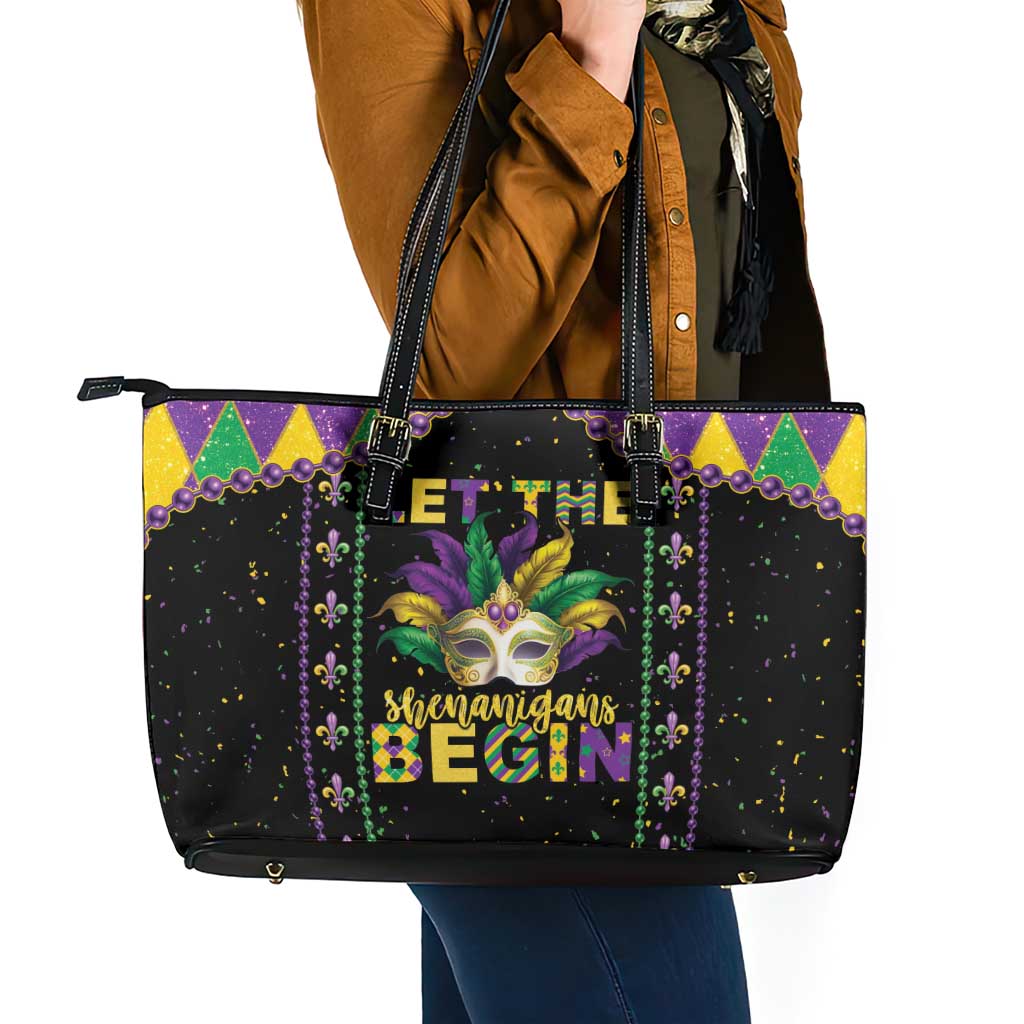 Funny Mardi Gras Leather Tote Bag Let The Shenanigans Begin