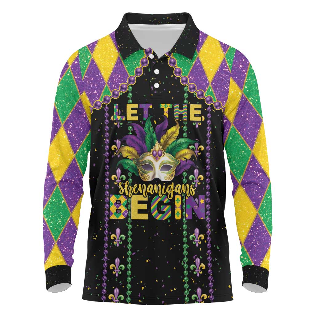 Funny Mardi Gras Long Sleeve Polo Shirt Let The Shenanigans Begin