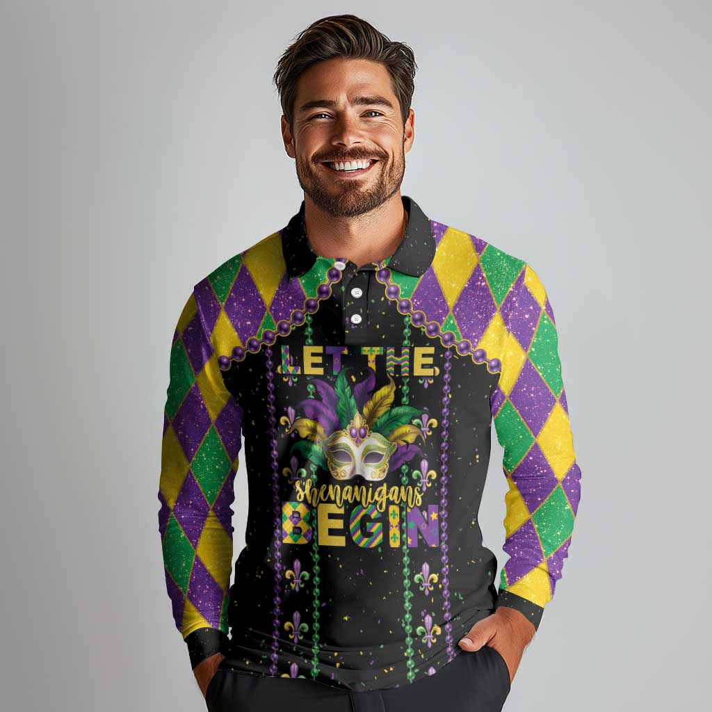 Funny Mardi Gras Long Sleeve Polo Shirt Let The Shenanigans Begin