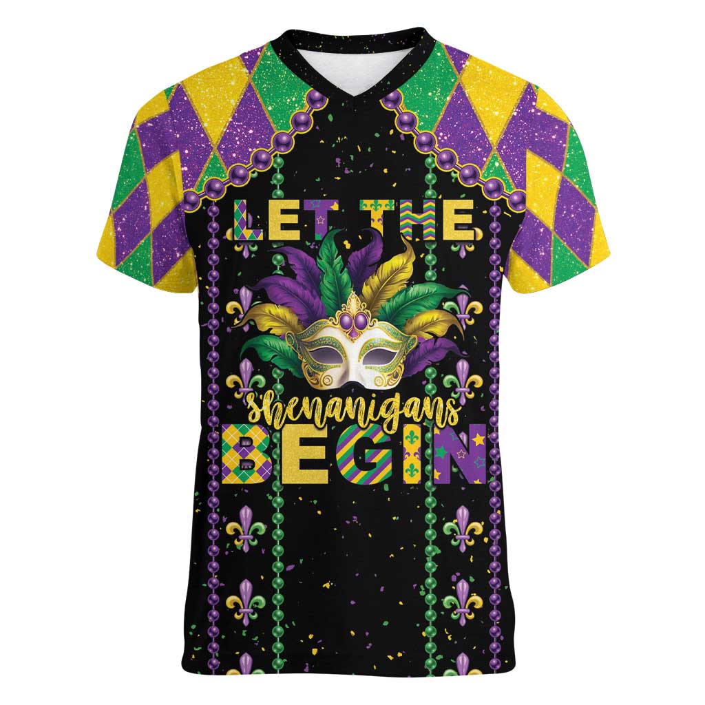Funny Mardi Gras Women V-Neck T-Shirt Let The Shenanigans Begin LT05 - Wonder Print Shop