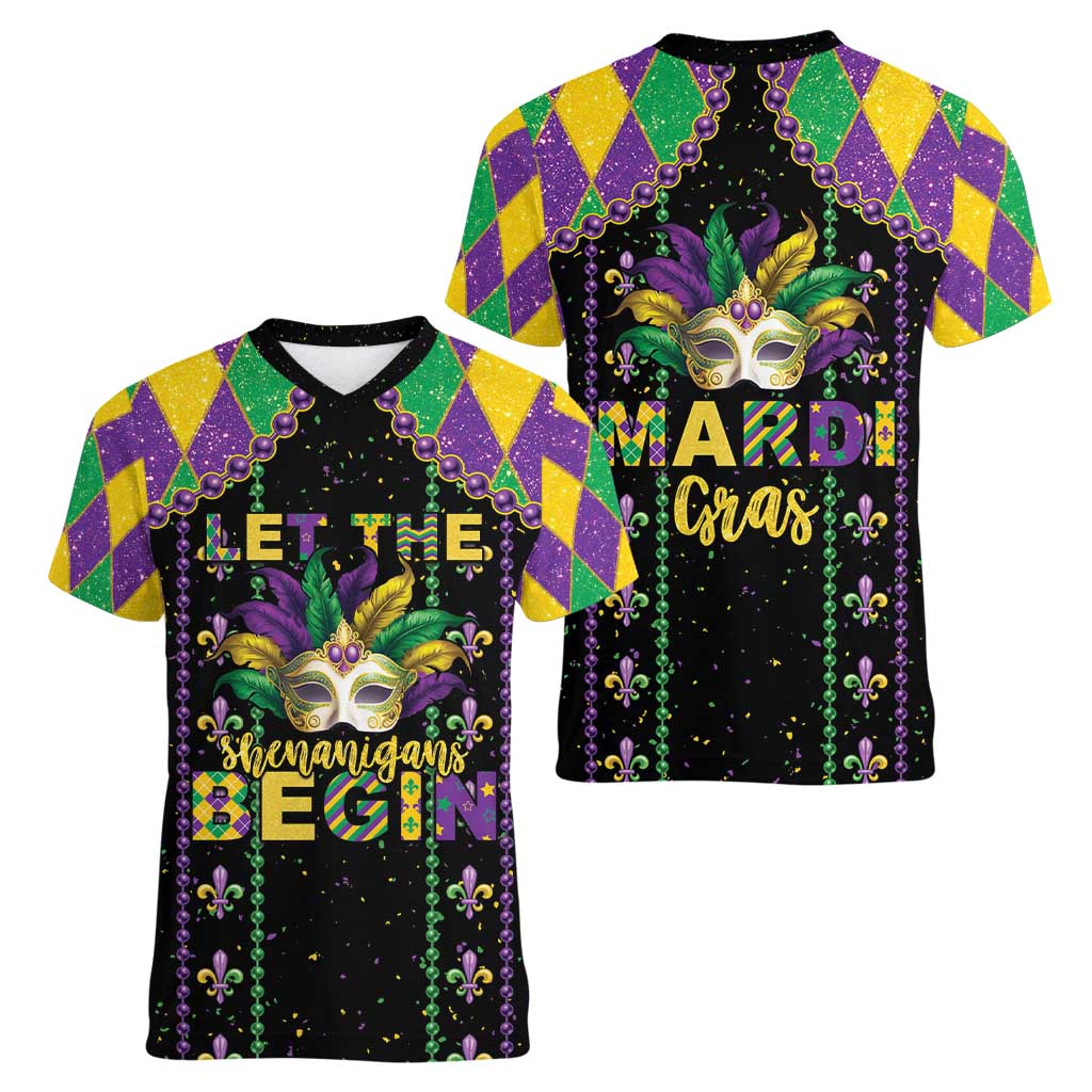 Funny Mardi Gras Women V-Neck T-Shirt Let The Shenanigans Begin LT05 - Wonder Print Shop