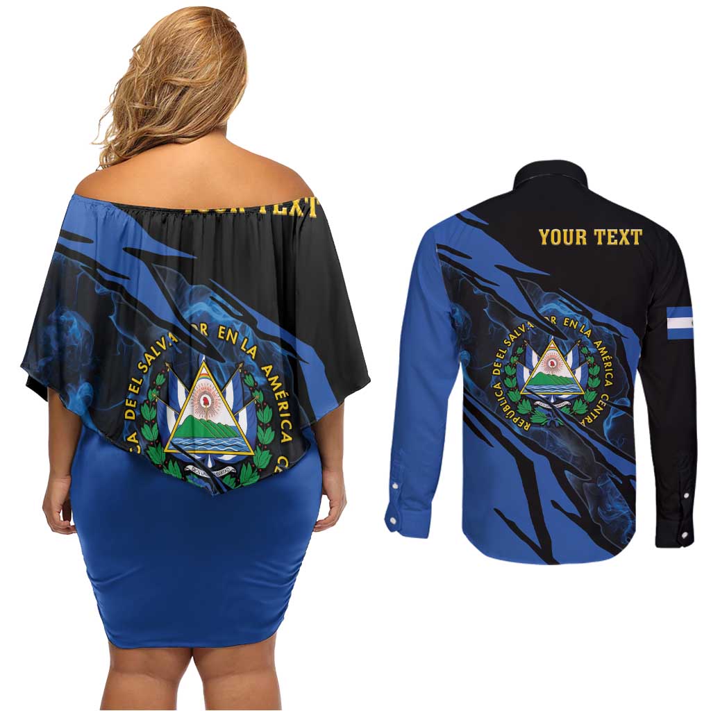 Personalised El Salvador Couples Matching Off Shoulder Short Dress and Long Sleeve Button Shirt Coat Of Arm Special Style
