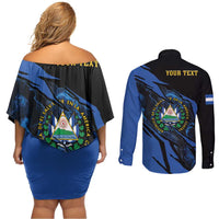 Personalised El Salvador Couples Matching Off Shoulder Short Dress and Long Sleeve Button Shirt Coat Of Arm Special Style