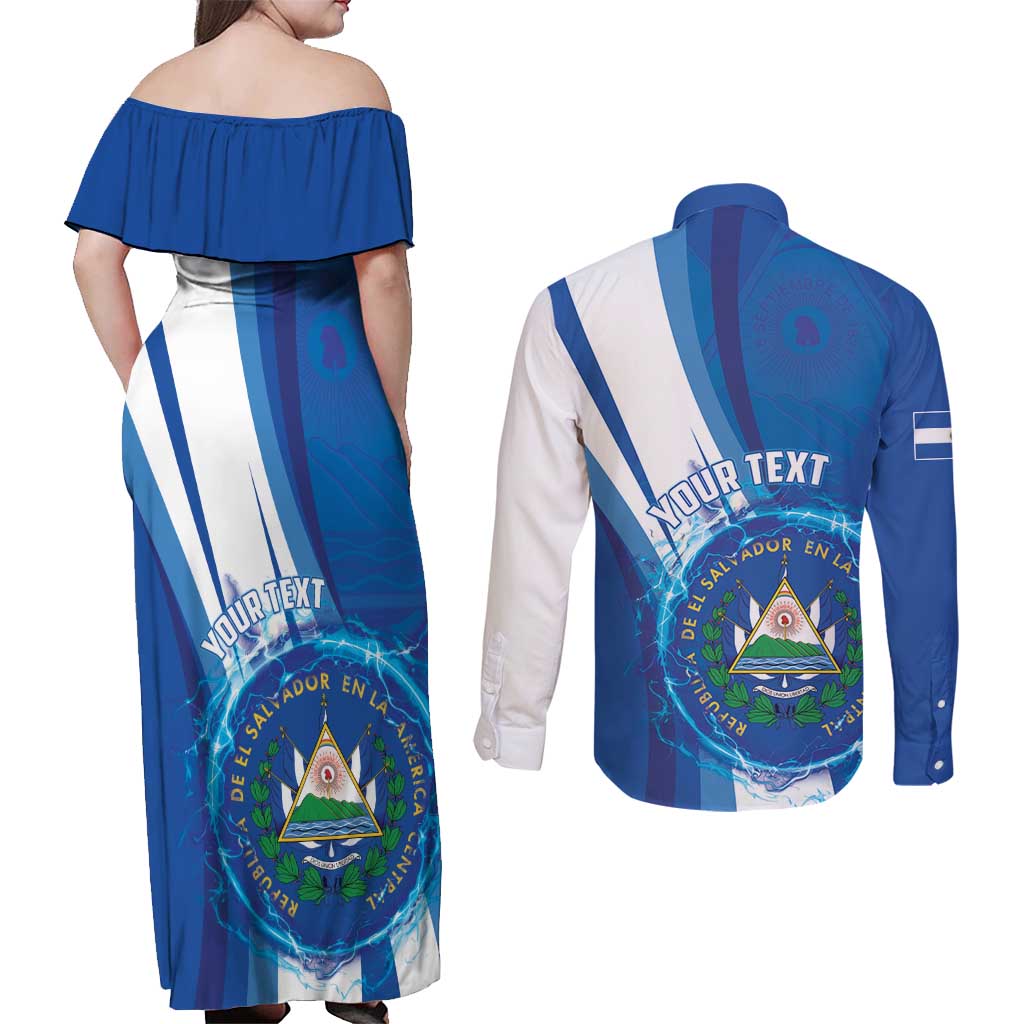 Personalised El Salvador Couples Matching Off Shoulder Maxi Dress and Long Sleeve Button Shirt Torogoz Bird Salvadoran Pride