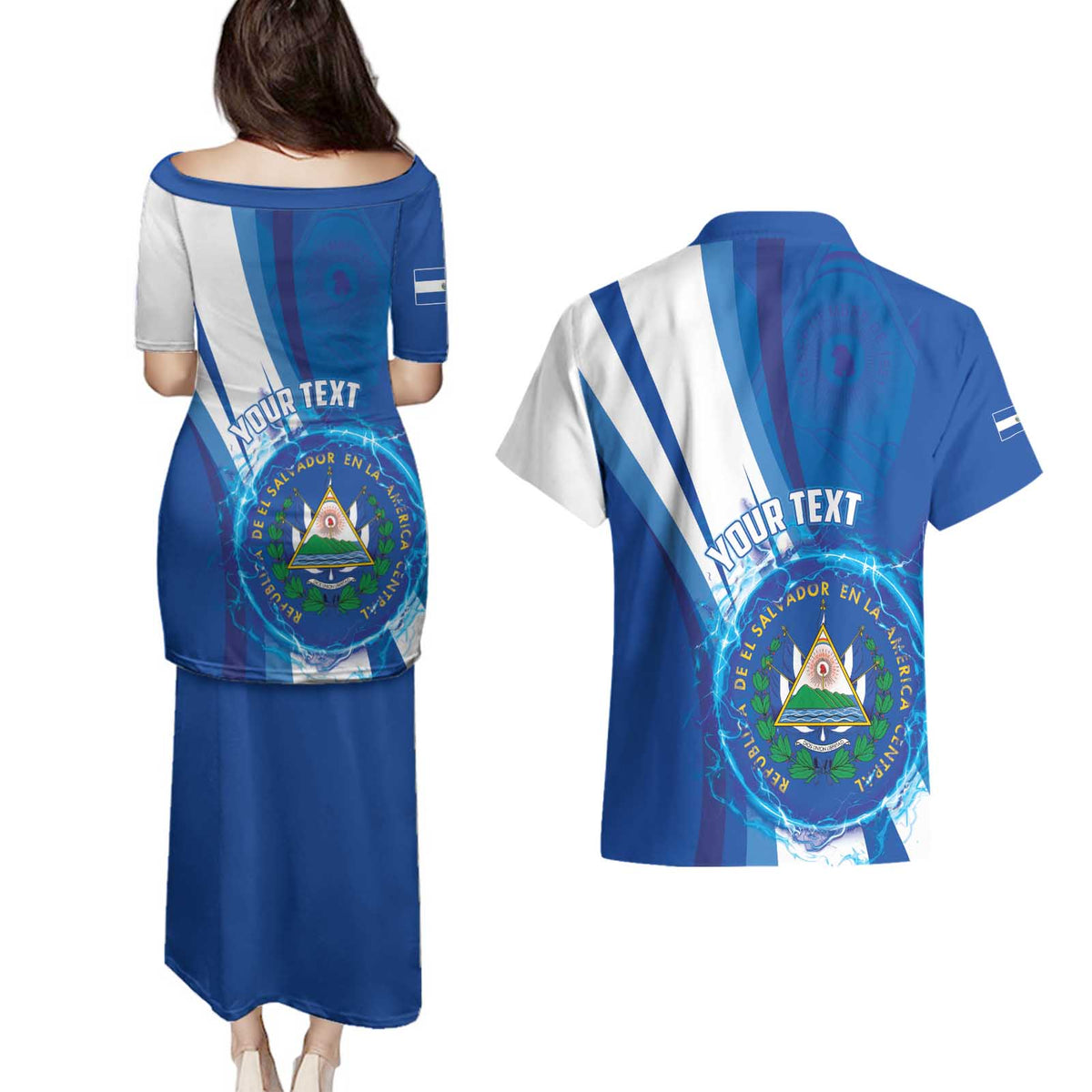 Personalised El Salvador Couples Matching Puletasi and Hawaiian Shirt Torogoz Bird Salvadoran Pride
