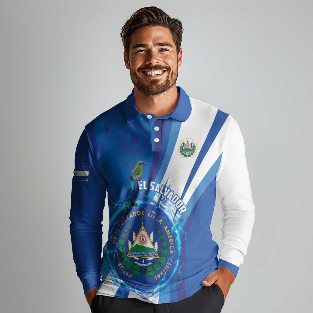 Personalised El Salvador Long Sleeve Polo Shirt Torogoz Bird Salvadoran Pride