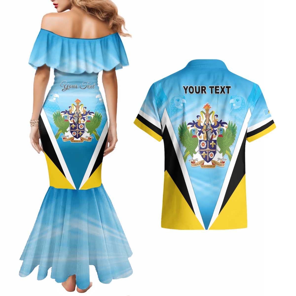 Personalised Saint Lucia 758 Couples Matching Mermaid Dress and Hawaiian Shirt With Coat Of Arms