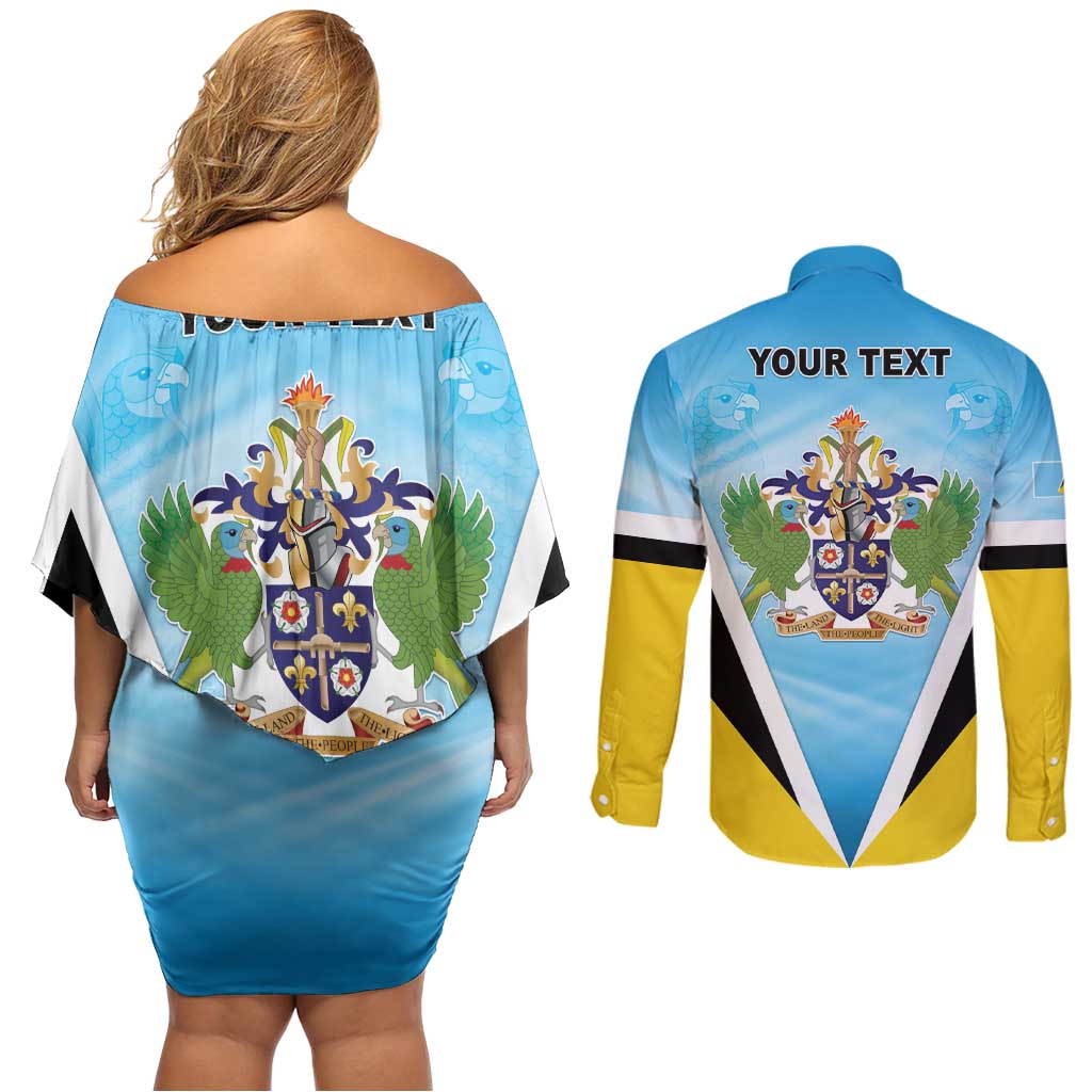 Personalised Saint Lucia 758 Couples Matching Off Shoulder Short Dress and Long Sleeve Button Shirt With Coat Of Arms