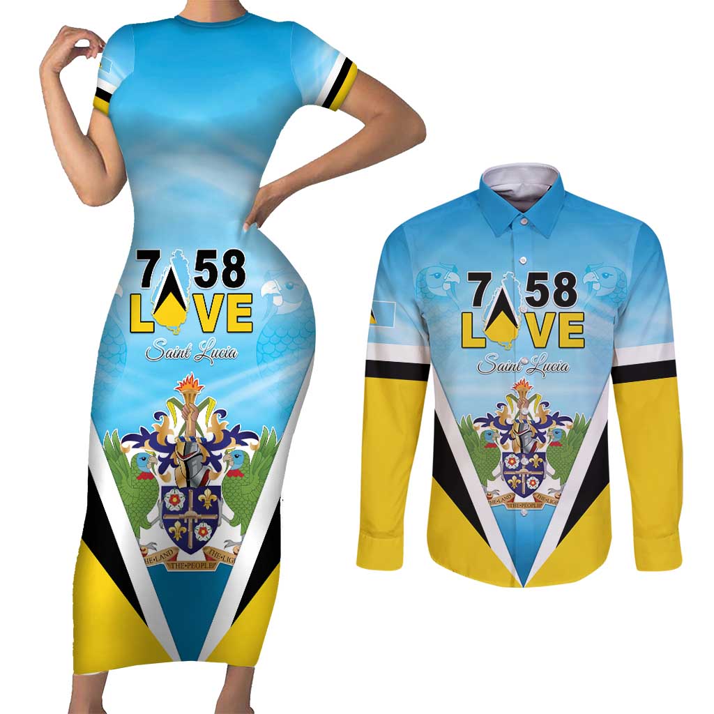 Personalised Saint Lucia 758 Couples Matching Short Sleeve Bodycon Dress and Long Sleeve Button Shirt With Coat Of Arms