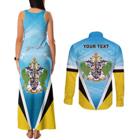 Personalised Saint Lucia 758 Couples Matching Tank Maxi Dress and Long Sleeve Button Shirt With Coat Of Arms