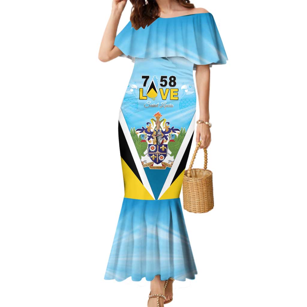 Personalised Saint Lucia 758 Family Matching Mermaid Dress and Hawaiian Shirt With Coat Of Arms