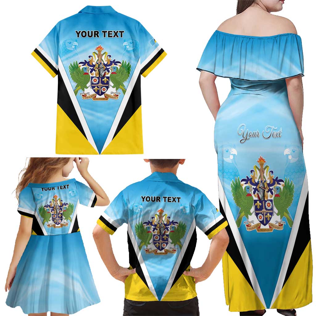 Personalised Saint Lucia 758 Family Matching Off Shoulder Maxi Dress and Hawaiian Shirt With Coat Of Arms
