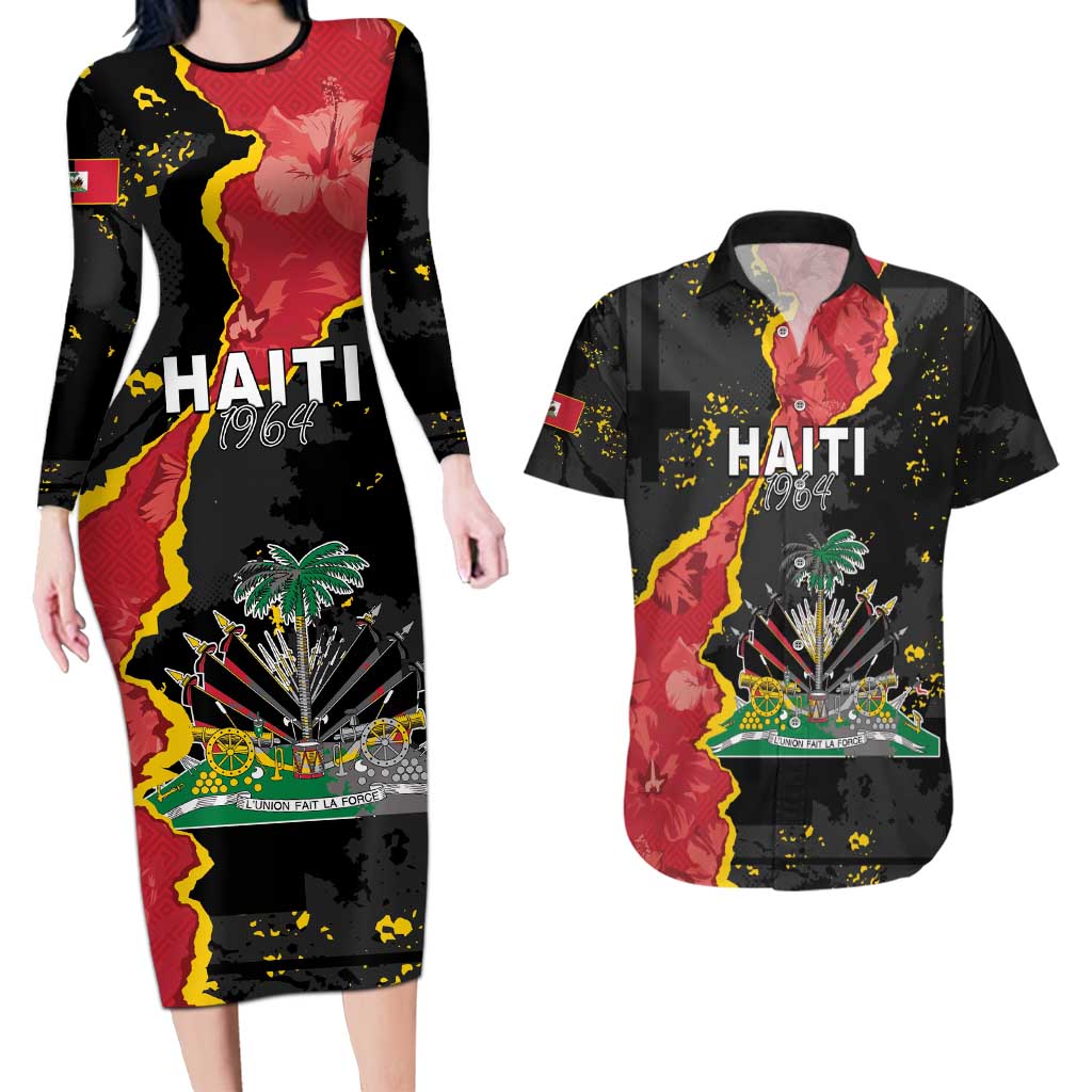 Personalised Haiti 1964 Couples Matching Long Sleeve Bodycon Dress and Hawaiian Shirt Coat Of Arms Unique Style