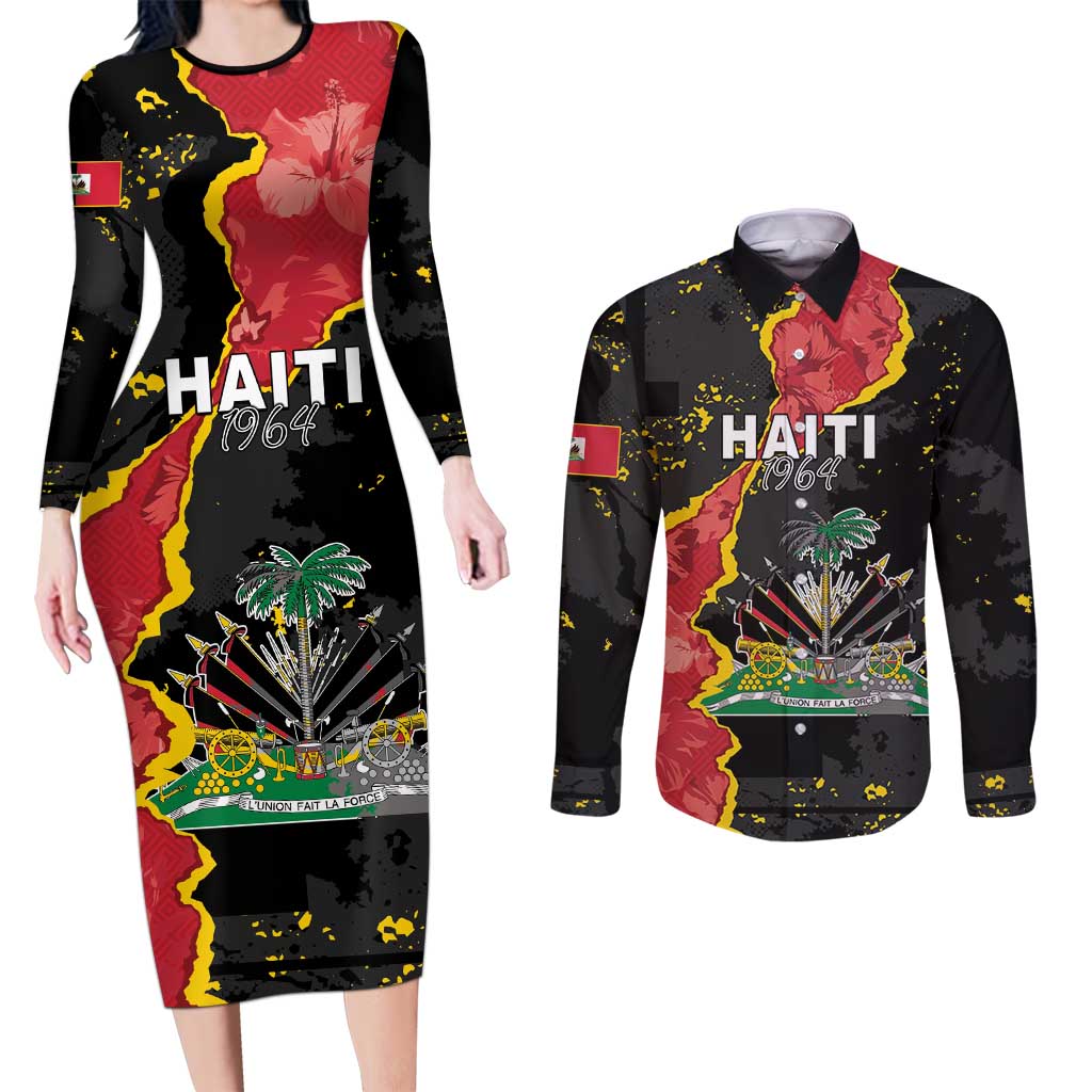 Personalised Haiti 1964 Couples Matching Long Sleeve Bodycon Dress and Long Sleeve Button Shirt Coat Of Arms Unique Style