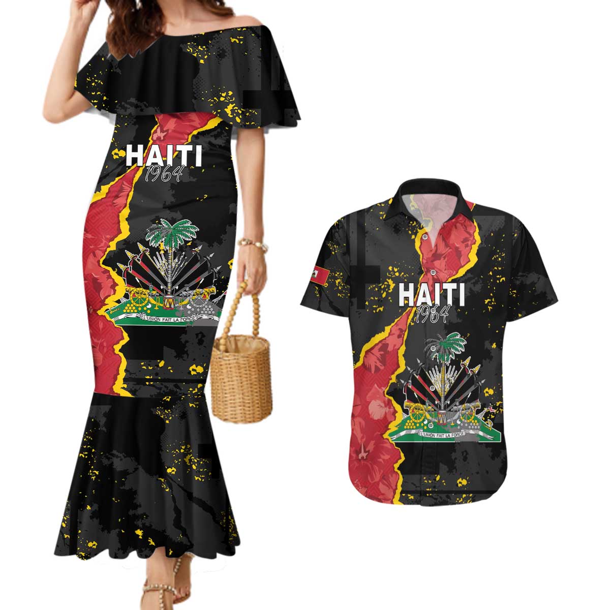 Personalised Haiti 1964 Couples Matching Mermaid Dress and Hawaiian Shirt Coat Of Arms Unique Style