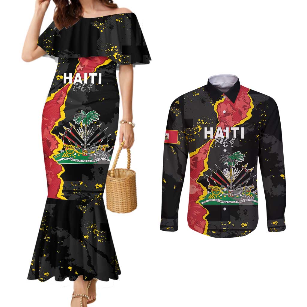 Personalised Haiti 1964 Couples Matching Mermaid Dress and Long Sleeve Button Shirt Coat Of Arms Unique Style