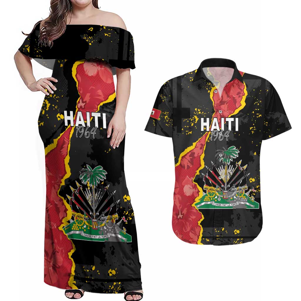 Personalised Haiti 1964 Couples Matching Off Shoulder Maxi Dress and Hawaiian Shirt Coat Of Arms Unique Style