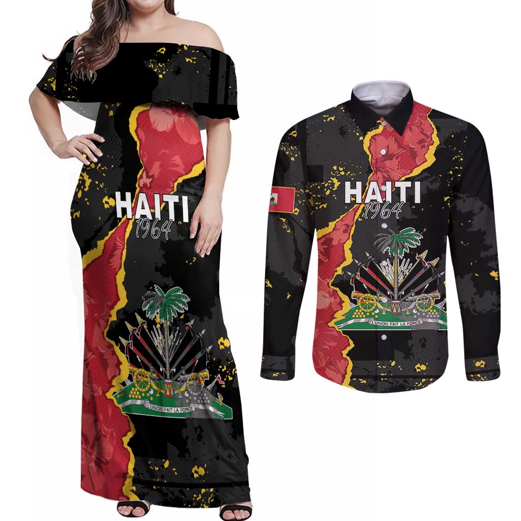 Personalised Haiti 1964 Couples Matching Off Shoulder Maxi Dress and Long Sleeve Button Shirt Coat Of Arms Unique Style