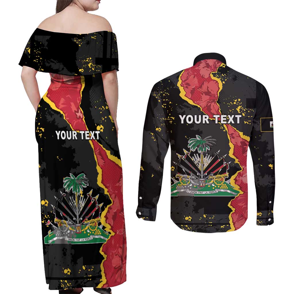 Personalised Haiti 1964 Couples Matching Off Shoulder Maxi Dress and Long Sleeve Button Shirt Coat Of Arms Unique Style