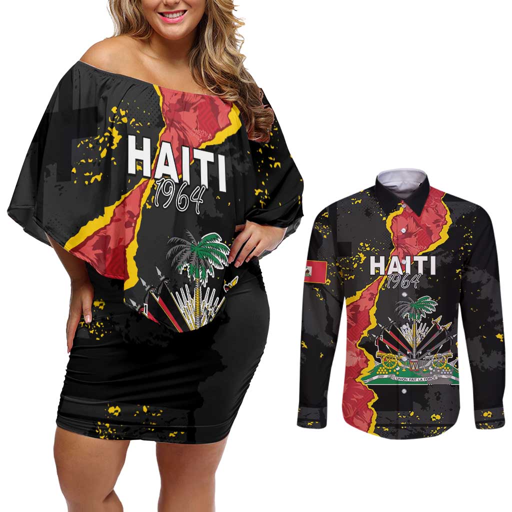 Personalised Haiti 1964 Couples Matching Off Shoulder Short Dress and Long Sleeve Button Shirt Coat Of Arms Unique Style