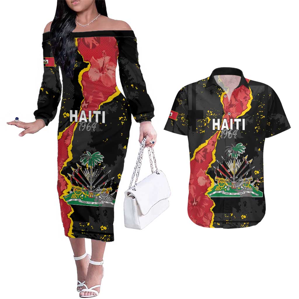 Personalised Haiti 1964 Couples Matching Off The Shoulder Long Sleeve Dress and Hawaiian Shirt Coat Of Arms Unique Style