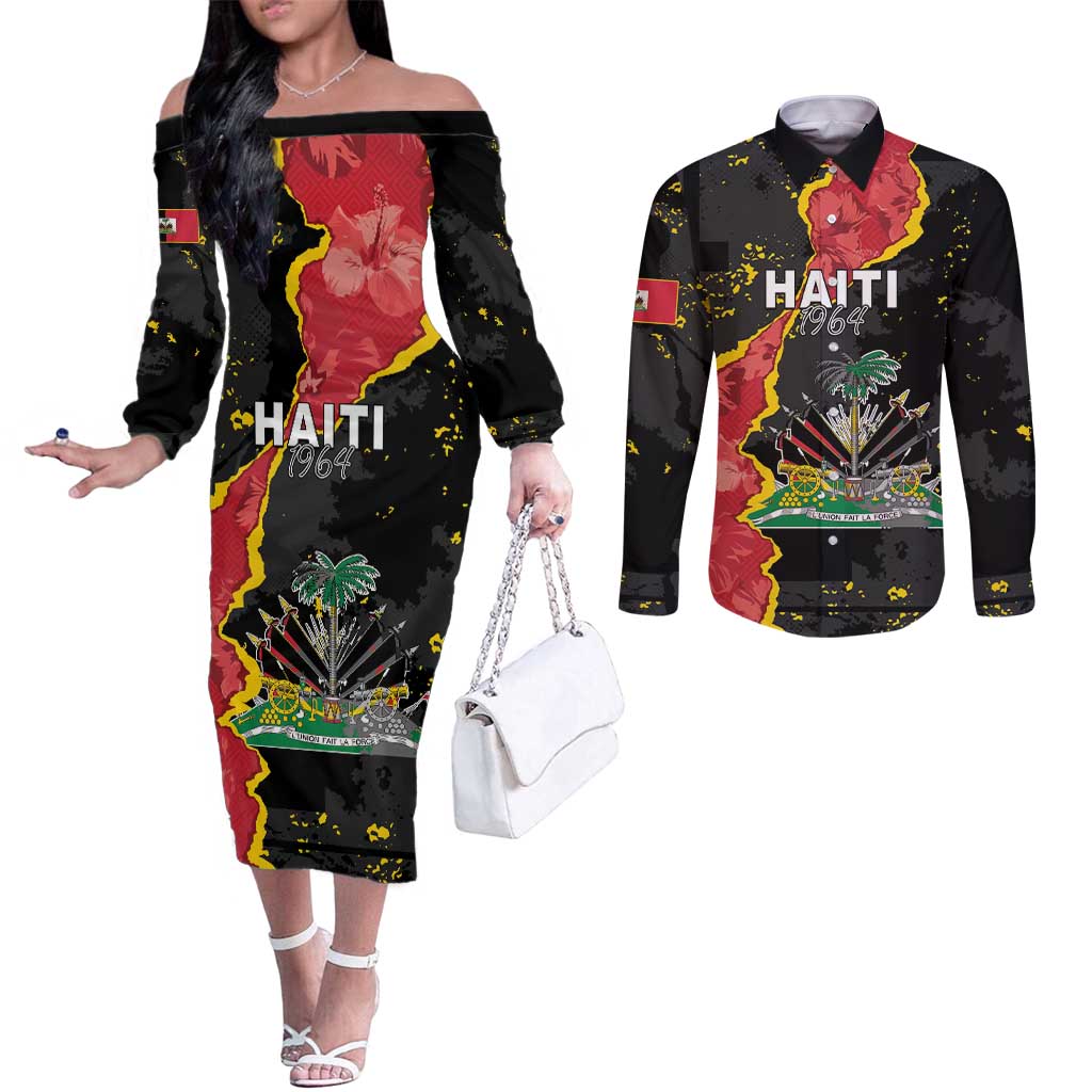 Personalised Haiti 1964 Couples Matching Off The Shoulder Long Sleeve Dress and Long Sleeve Button Shirt Coat Of Arms Unique Style