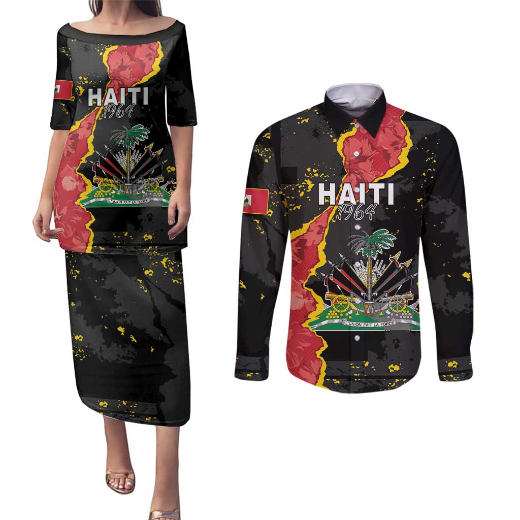 Personalised Haiti 1964 Couples Matching Puletasi and Long Sleeve Button Shirt Coat Of Arms Unique Style