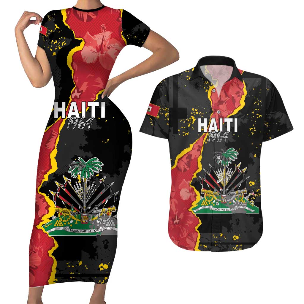 Personalised Haiti 1964 Couples Matching Short Sleeve Bodycon Dress and Hawaiian Shirt Coat Of Arms Unique Style