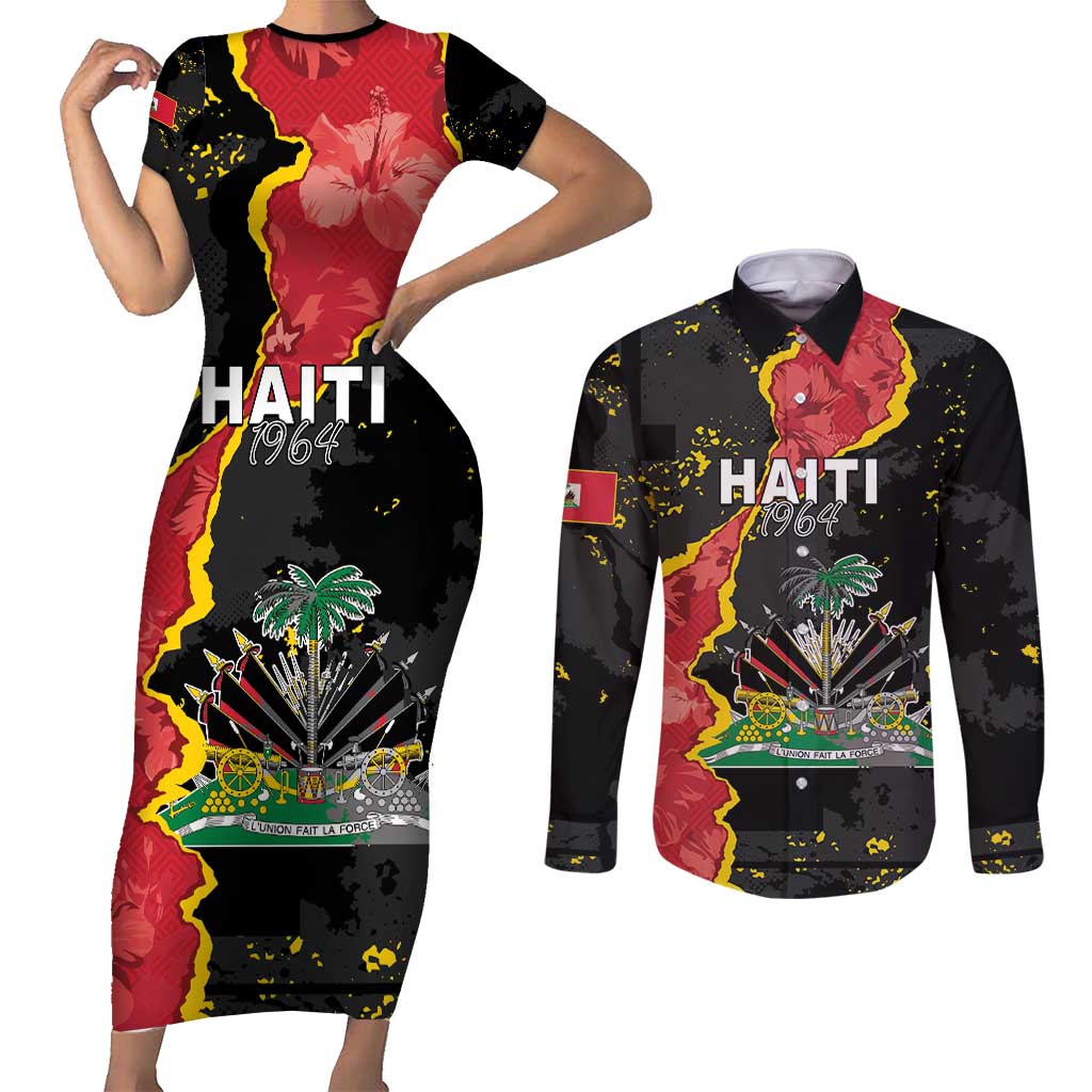 Personalised Haiti 1964 Couples Matching Short Sleeve Bodycon Dress and Long Sleeve Button Shirt Coat Of Arms Unique Style