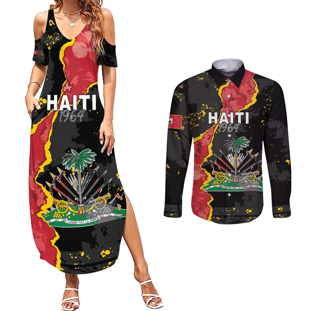 Personalised Haiti 1964 Couples Matching Summer Maxi Dress and Long Sleeve Button Shirt Coat Of Arms Unique Style