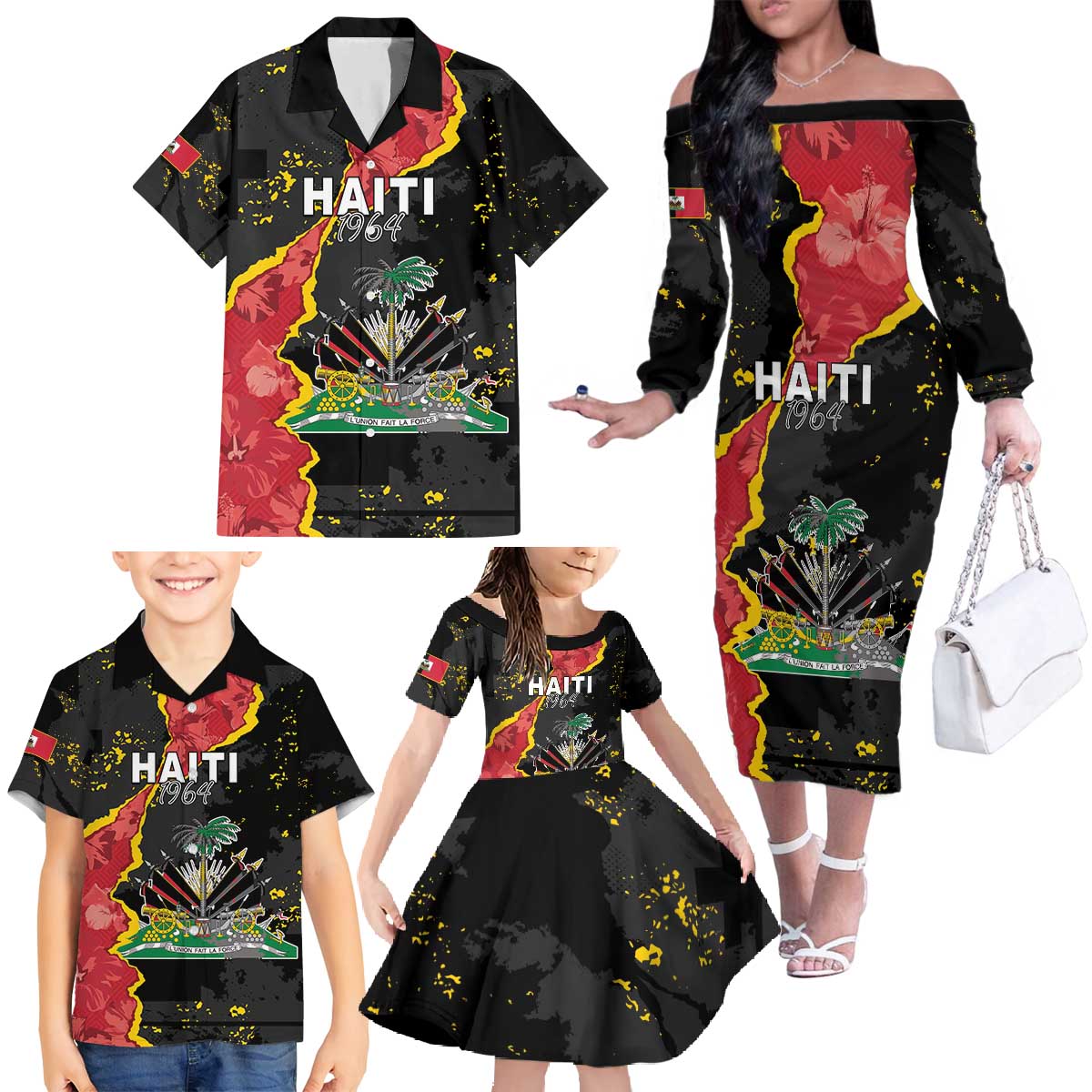 Personalised Haiti 1964 Family Matching Off The Shoulder Long Sleeve Dress and Hawaiian Shirt Coat Of Arms Unique Style