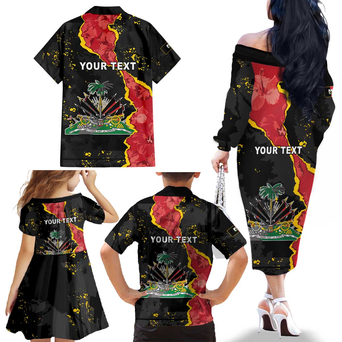 Personalised Haiti 1964 Family Matching Off The Shoulder Long Sleeve Dress and Hawaiian Shirt Coat Of Arms Unique Style