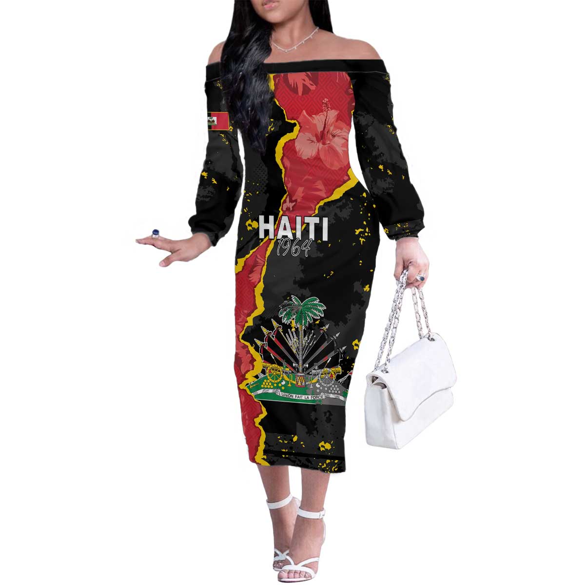 Personalised Haiti 1964 Family Matching Off The Shoulder Long Sleeve Dress and Hawaiian Shirt Coat Of Arms Unique Style