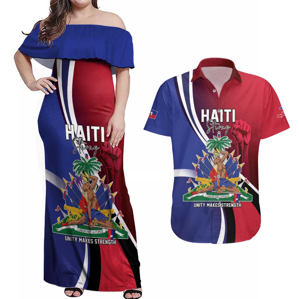 Haiti Strong Couples Matching Off Shoulder Maxi Dress and Hawaiian Shirt Kenbe Fem Ayiti