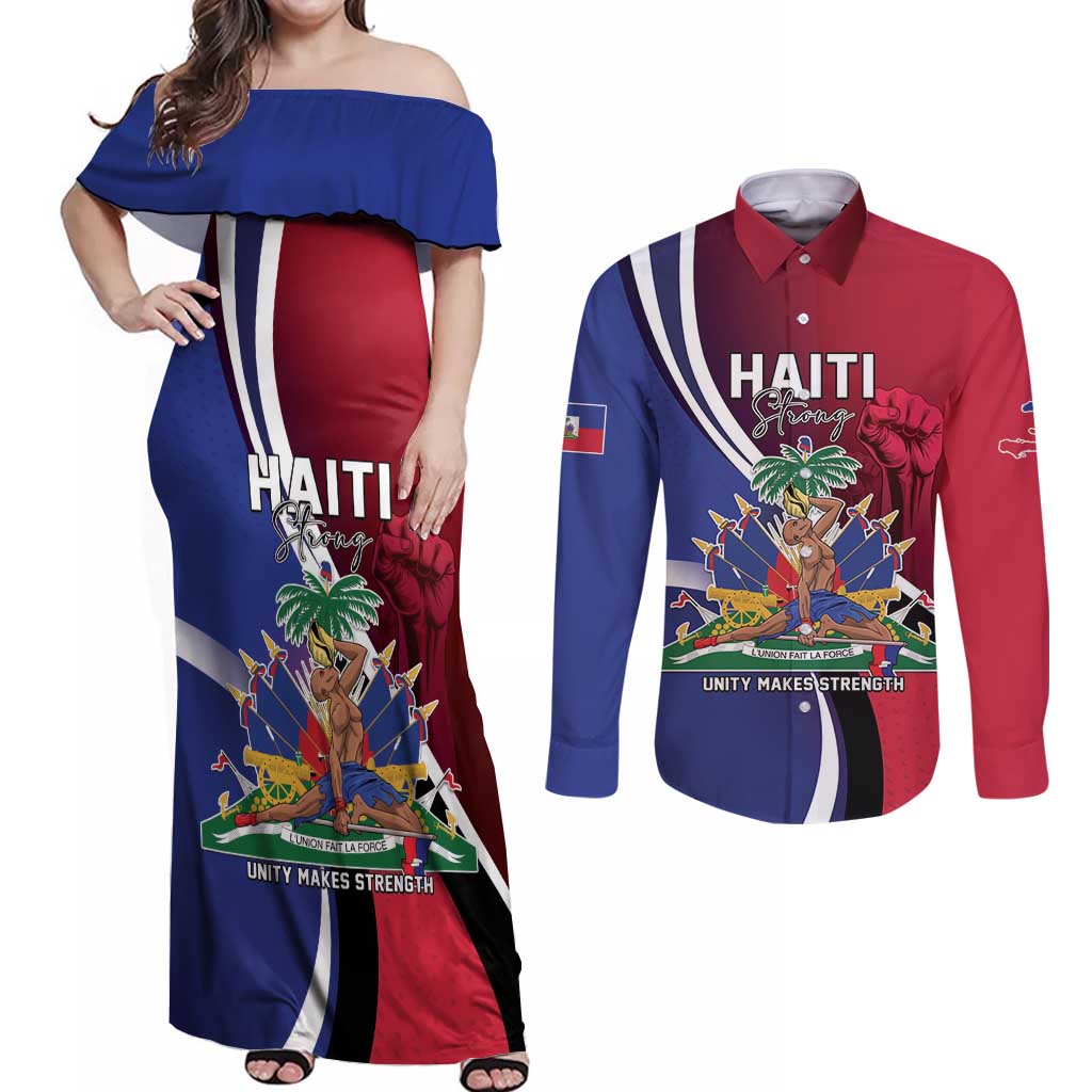 Haiti Strong Couples Matching Off Shoulder Maxi Dress and Long Sleeve Button Shirt Kenbe Fem Ayiti