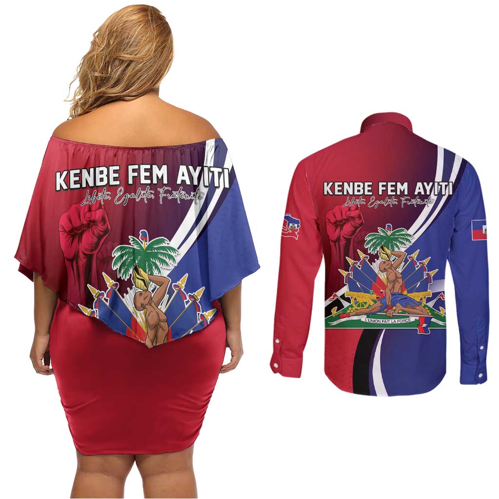 Haiti Strong Couples Matching Off Shoulder Short Dress and Long Sleeve Button Shirt Kenbe Fem Ayiti