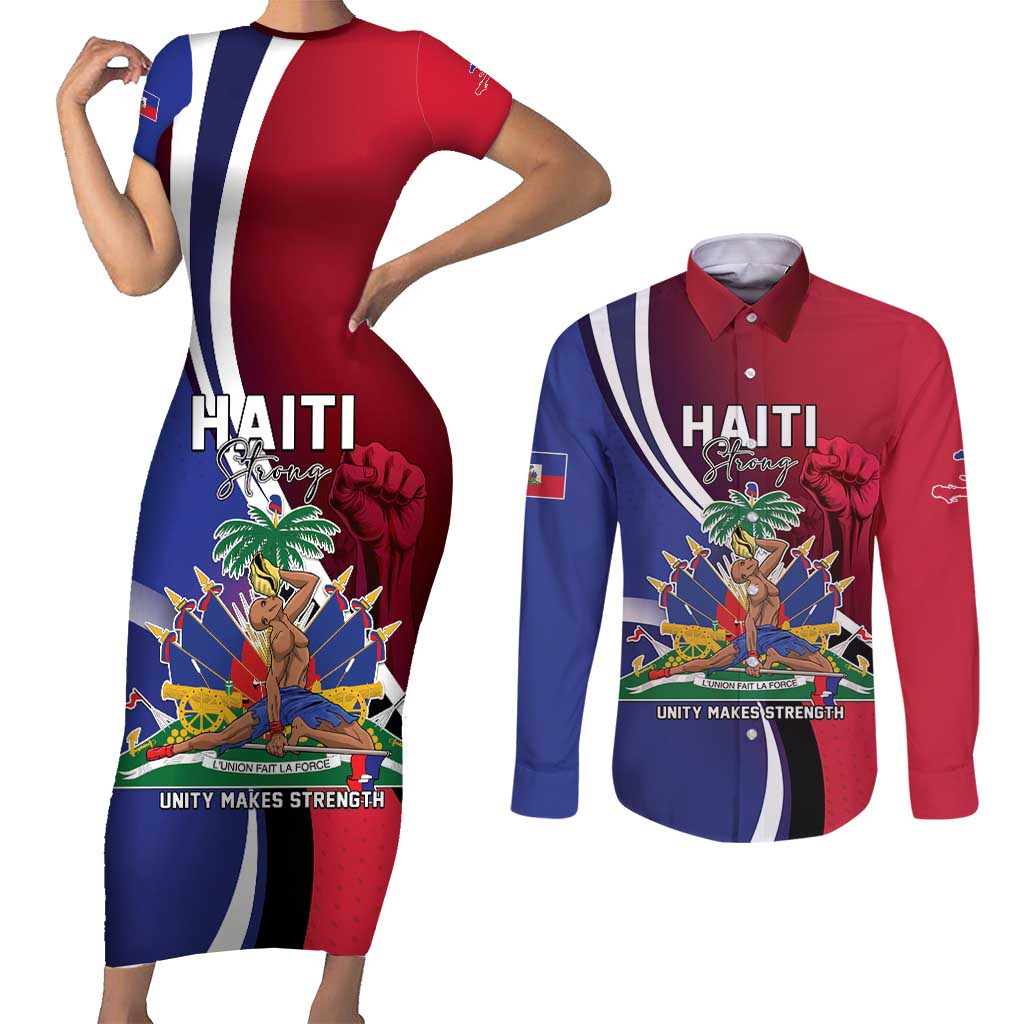 Haiti Strong Couples Matching Short Sleeve Bodycon Dress and Long Sleeve Button Shirt Kenbe Fem Ayiti