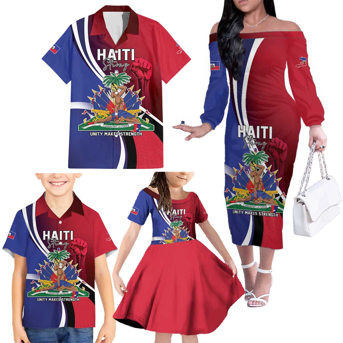 Haiti Strong Family Matching Off The Shoulder Long Sleeve Dress and Hawaiian Shirt Kenbe Fem Ayiti