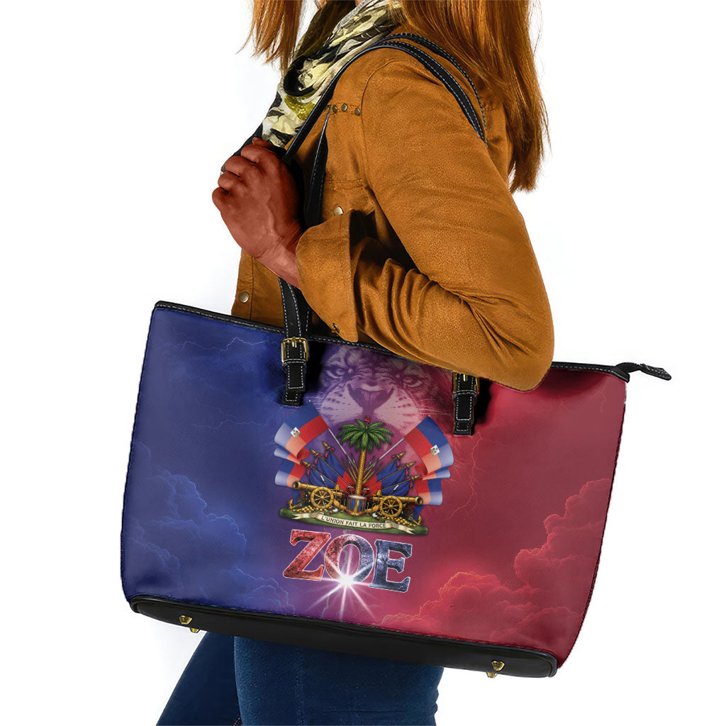 Haitian Zoe Leather Tote Bag Roaring Lion With Coat Of Arms