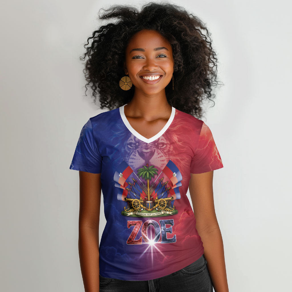 Haitian Zoe Women V-Neck T-Shirt Roaring Lion With Coat Of Arms