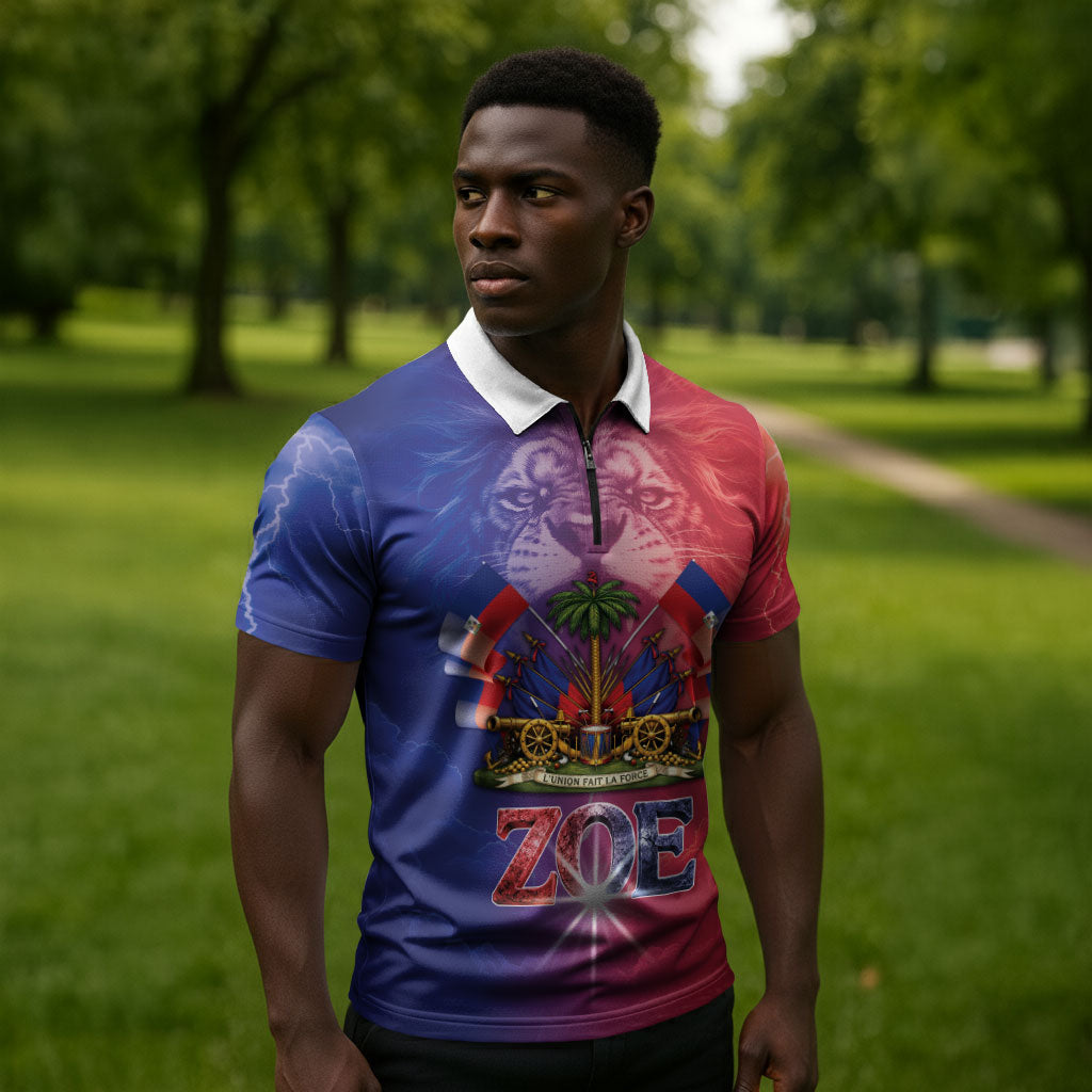 Haitian Zoe Zipper Polo Shirt Roaring Lion With Coat Of Arms