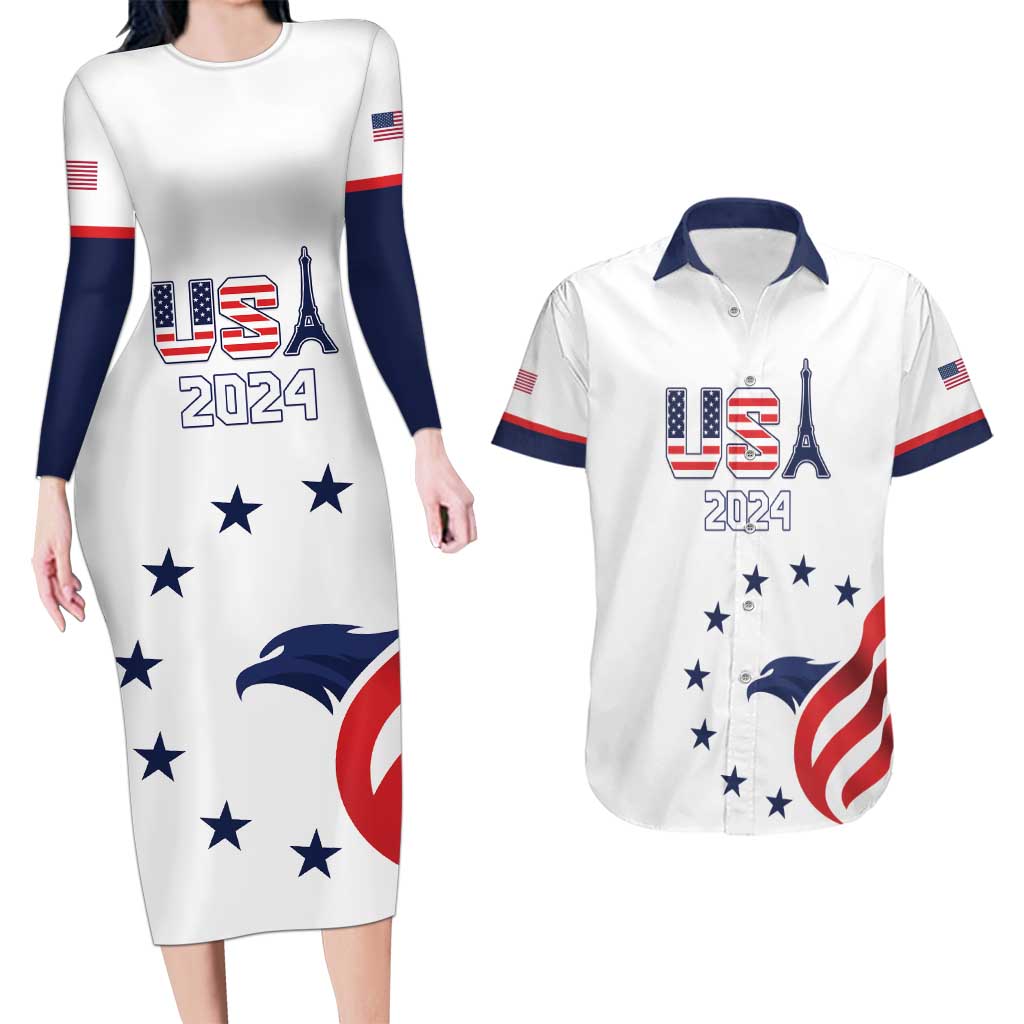 Custom USA 2024 Paris Couples Matching Long Sleeve Bodycon Dress and Hawaiian Shirt United States Sport LT05 - Wonder Print Shop