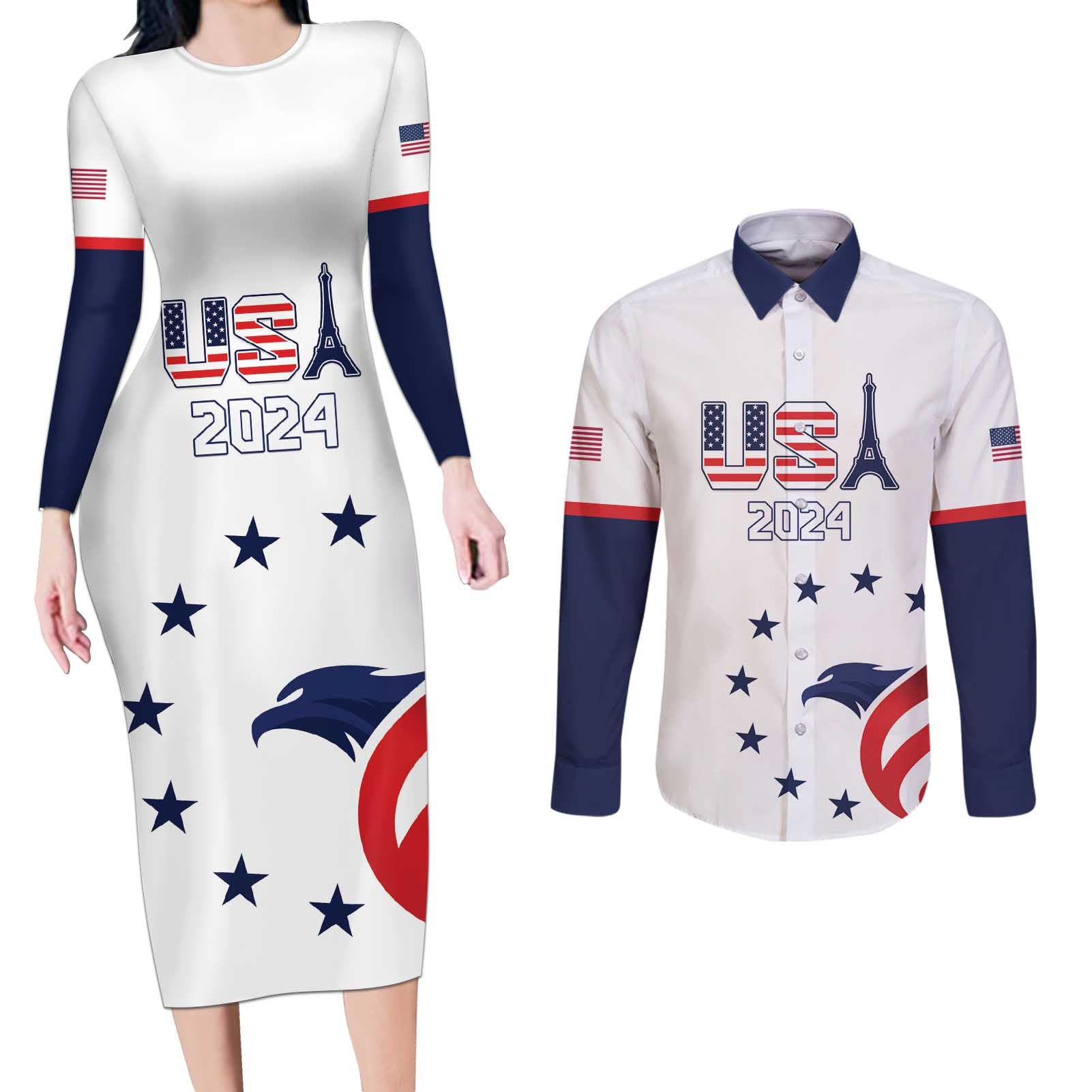 Custom USA 2024 Paris Couples Matching Long Sleeve Bodycon Dress and Long Sleeve Button Shirt United States Sport LT05 - Wonder Print Shop