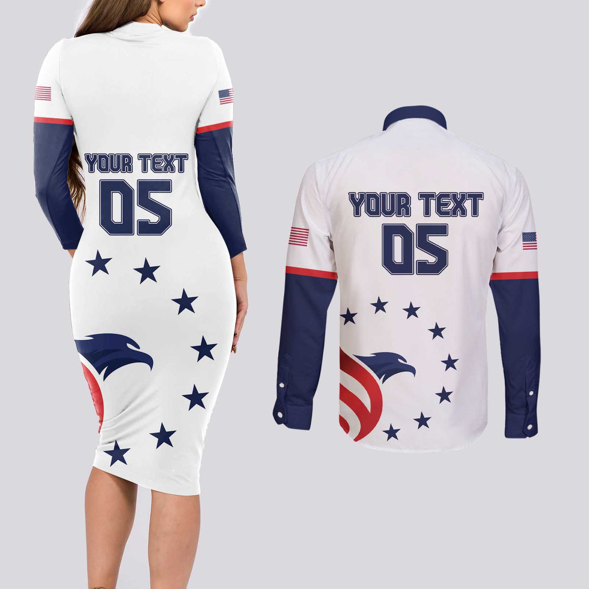 Custom USA 2024 Paris Couples Matching Long Sleeve Bodycon Dress and Long Sleeve Button Shirt United States Sport LT05 - Wonder Print Shop